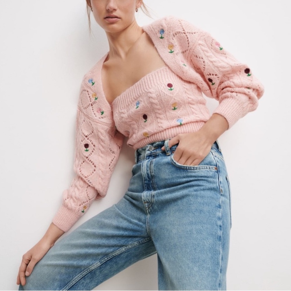NWT ZARA PINK POINTELLE KNIT CROPPED CARDIGN - Picture 5 of 5